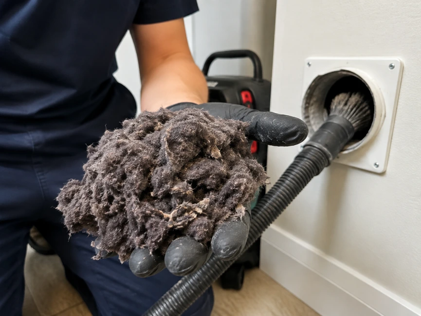 Technician's gloved hand holding a large handful of dark, fibrous lint