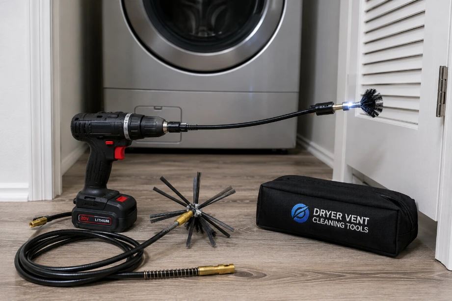 Photo showing specialized compact tools used to reach tight stackable laundry closet spaces
