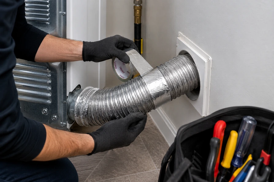 Technician actively reconnecting or repairing rigid aluminum dryer ductwork