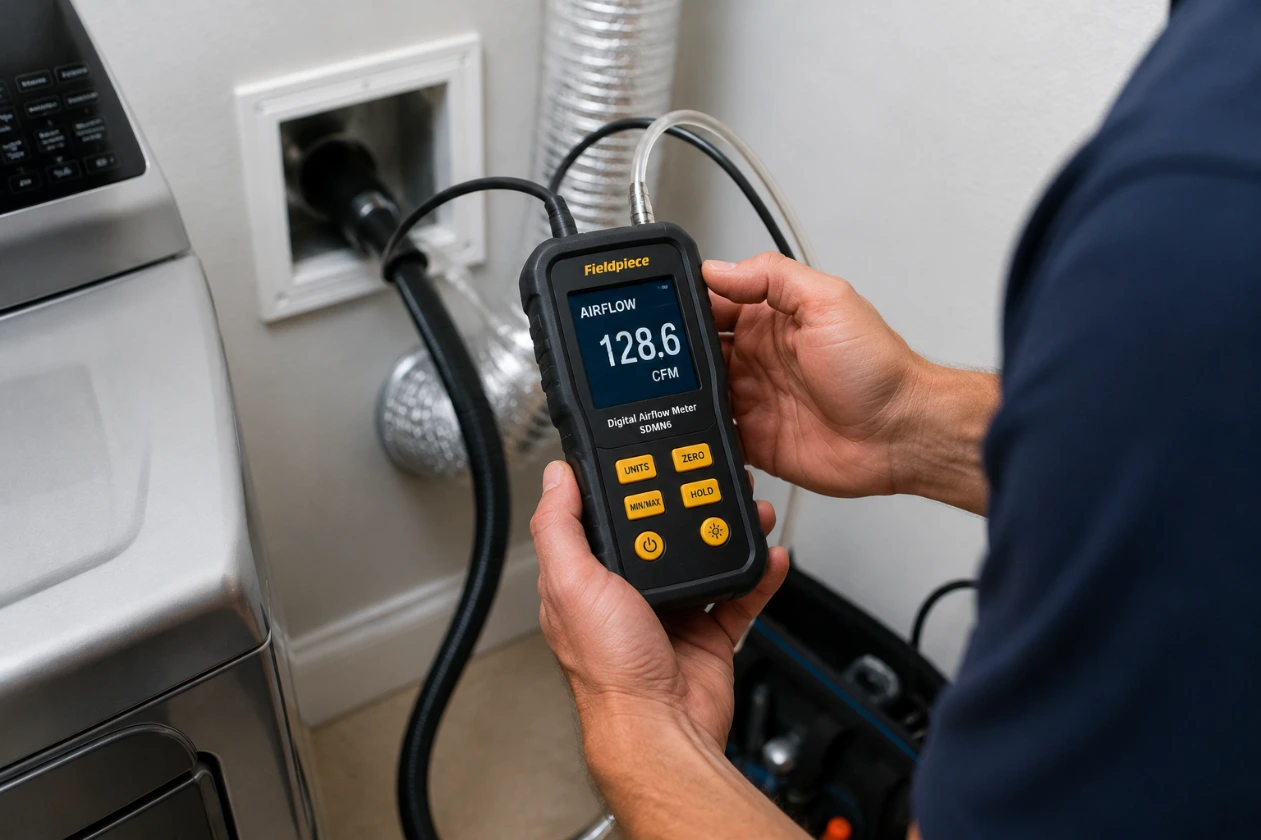 Technician checking a digital airflow meter gauge