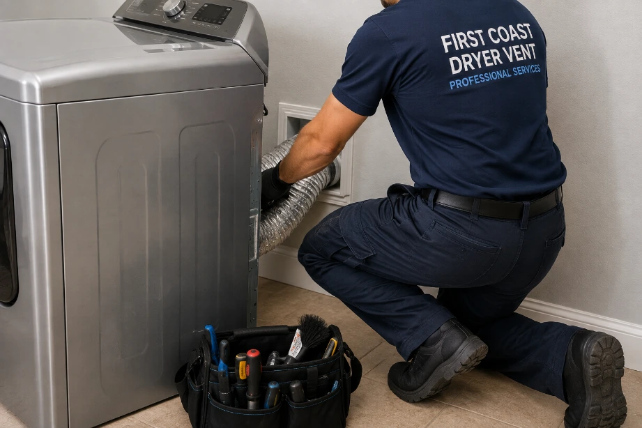 Technician pulling a dryer slightly away from a laundry room wall