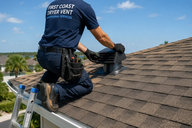 Technician safely working on a residential roof-mounted dryer vent exhaust cap