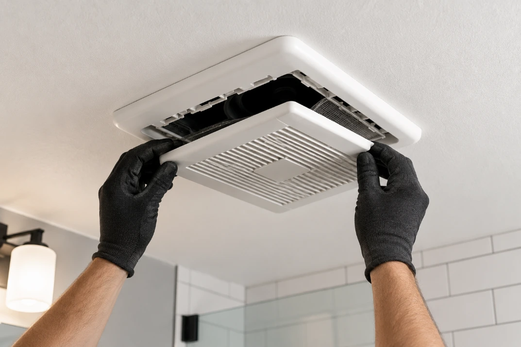 Technician servicing a clean white ceiling-mounted bathroom exhaust ventilation fan grill