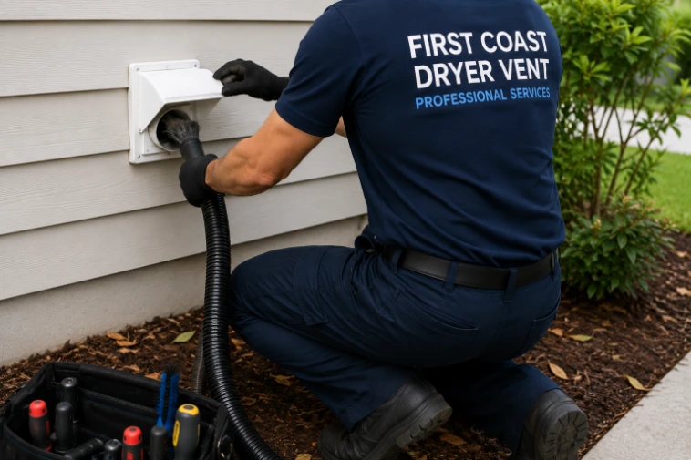 Technician working on an exterior sidewall dryer vent hood